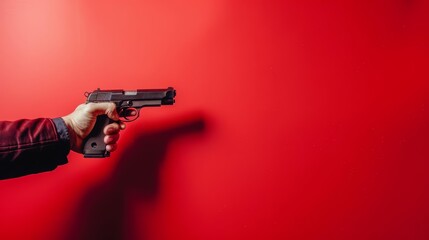 Naklejka premium A human hand holding a weapon against a solid color backdrop with copy space