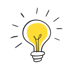 Light bulb idea rays shine Doodle Cartoon Flat style. Hand drawn Symbol creativity, inspiration.