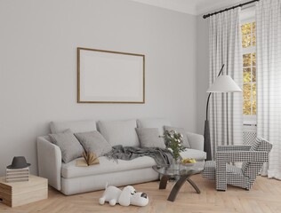 Mockup poster frame in scandinavian modern style living room interior, living room interior background, 3d rendering.