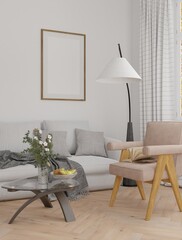 Mockup poster frame in scandinavian, style living room interior, living room interior background, 3d rendering
