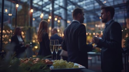 

Blurred shot of business people at party in office center, standing and talking, backs turned, with food and champagne glasses on the table, creating a professional and elegant atmosphere