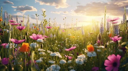 Beautiful meadow full of spring flowers. Generative AI