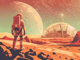 3D. Realistic. Generate AI. Printing. Illustration. Safety Specialist working inside a transparent dome on the Moon, ensuring environmental safety for a lunar research base.