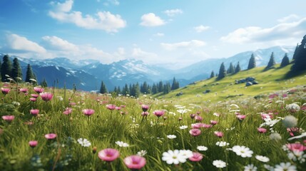 Beautiful meadow full of spring flowers. Generative AI