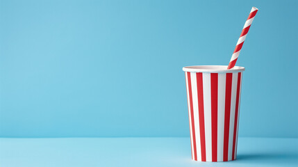  Red and white striped soda cup with a straw on a blue background
