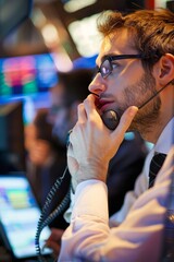 Fototapeta premium A stock broker making a high-stakes phone call on the trading floor of a busy stock exchange, Generative AI