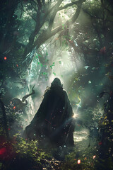 Epic Adventure in a Mystic Forest: Protagonist Holding a Magical Staff Surrounded by Mythical Creatures