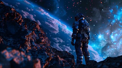 Fototapeta premium 3D. Realistic. Generate AI. Printing. Illustration. Safety Specialist in an advanced space suit, performing safety checks on an interstellar mining rig.