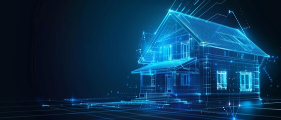 A sketch illustration of a house with a glowing neon blue outline