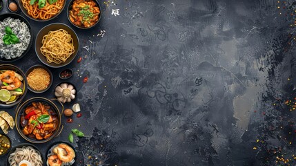 A sketch illustration of a top view of various Asian dishes arranged on the left side of a dark