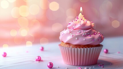 Delicious Birthday Cupcake on Table with Light Background - Sweet Celebration Dessert Concept
