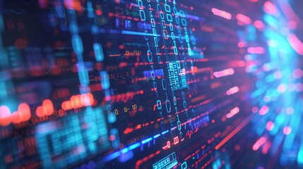 Obraz premium Abstract Digital Background Featuring Binary Code and AI Algorithms. Futuristic Design with Data Streams, Technology Patterns, and Cyber Elements.