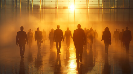 Business people walking in a modern building at sunset, creating silhouettes in sunlight. Teamwork, determination, ambition, and corporate success.