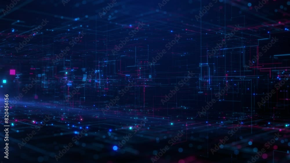 Poster abstract of a futuristic digital network with interconnected points in blue and pink, futuristic dig