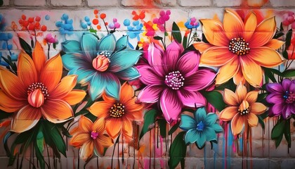 Colorful Floral Graffiti Against Brick Wall