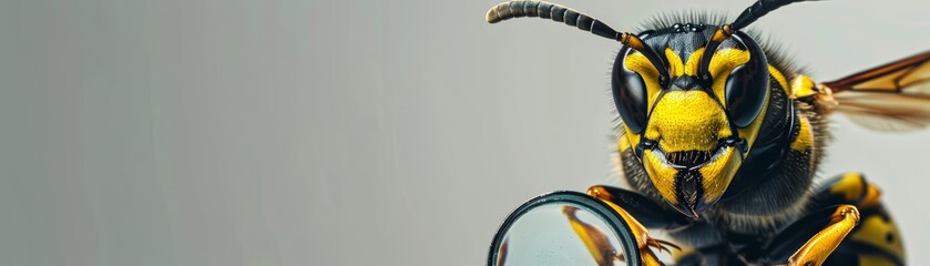 A wasp in a detective outfit, holding a magnifying glass and looking inquisitive against a solid grey background with copy space