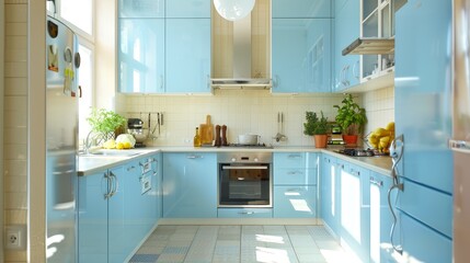 Modern Kitchen with Blue Cabinets and Breakfast Bar, Ideal for Stylish Urban Living