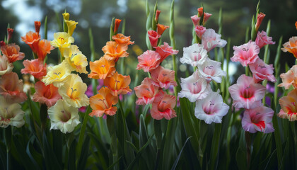 Gladiolus Garden Delight, Highlight a well-tended garden filled with gladiolus blooms in full splendor