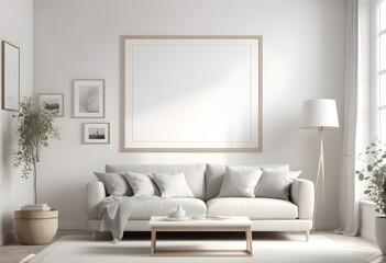 Fototapeta premium Frame Mockup ISO A paper size frame with a living room wall poster in a modern, white-walled interior design. Photorealistic 3D rendering
