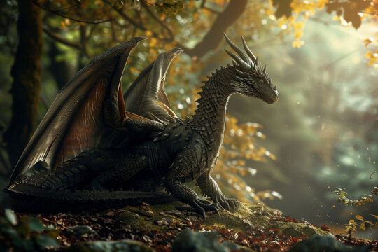 A black dragon is sitting on a pile of leaves in a forest