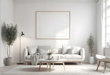 Frame Mockup ISO A paper size frame with a living room wall poster in a modern, white-walled interior design. Photorealistic 3D rendering