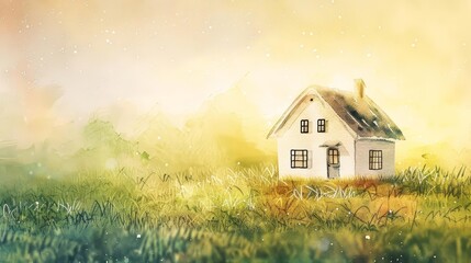 A watercolor clipart of a tiny house model on a grassy field