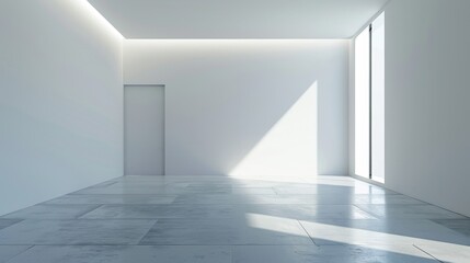 Fototapeta premium Minimalist interior with large windows, white walls, and ample natural light, perfect for architectural showcases and modern home designs