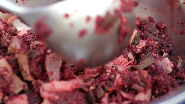 Cooking of Spicy minced beef or Raw beef salad or Larb Thai food in the northern of Thailand