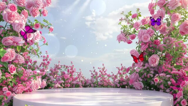 podium background flower rose product pink with sunlight 3d spring. seamless looping overlay 4k virtual video animation background