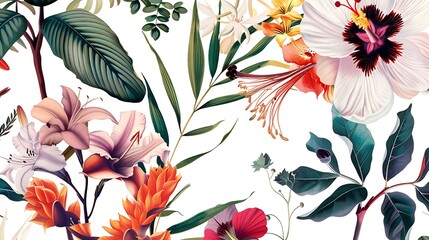 Botanical illustration of elegant flowers and foliage, meticulously crafted with precise lines and vibrant colors on a clean white background.