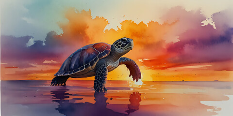 silhouette of a sea turtle sunset for the concept of slow and steady win the race.