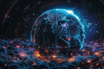 An illustrated scene of a holographic globe with bright blue and orange highlights