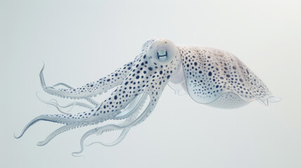 Digital artwork depicting a highly detailed, blue-spotted squid floating in a serene white space.