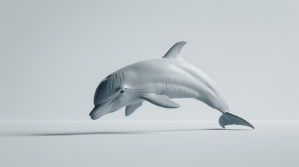 A sleek and minimalist silver dolphin sculpture captured in mid-leap against a stark white background, symbolizing grace and dynamism.