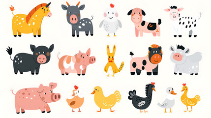 Cute farm animals Funny cartoon domestic mammals, generative Ai