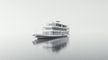 Ethereal minimalist image of a riverboat floating in dense fog on calm water.