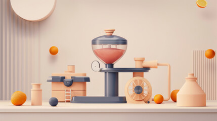 Creative and abstract depiction of a fruit processing machine setup with oranges.