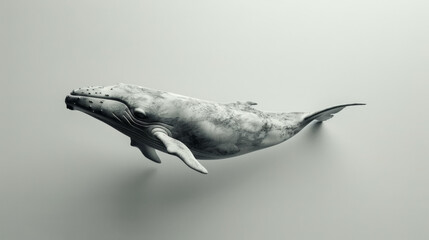 Artistic monochrome rendering of a humpback whale swimming, isolated on a grey background, exuding a sense of calm and majesty.