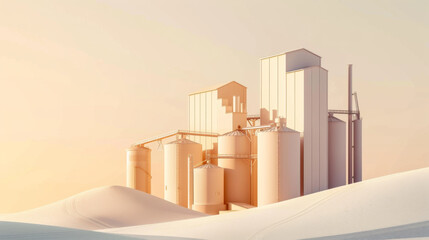 Sunlit grain storage silos stand majestically against a sandy desert backdrop during golden hour, projecting industrial tranquility.
