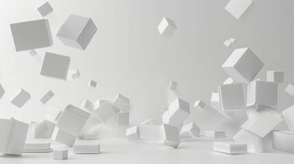 A dynamic 3D rendering of white boxes floating in mid-air in a stark, minimalistic white space, creating a surreal atmosphere.