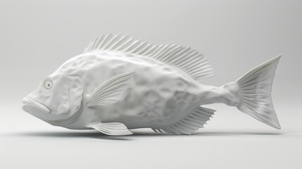 Artistic sculpture of a white fish, beautifully detailed, against a soft gray background.