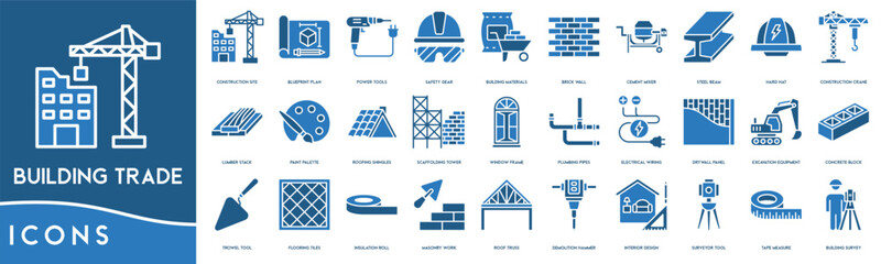 Fototapeta premium Building Trade icon line. Construction Site, Blueprint Plan, Power Tools, Safety Gear, Building Materials, Brick Wall, Cement Mixer, Steel Beam, Hard Hat icon set