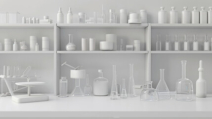A monochrome image featuring an organized array of various laboratory containers and equipment, showcasing a clean, minimalist design.