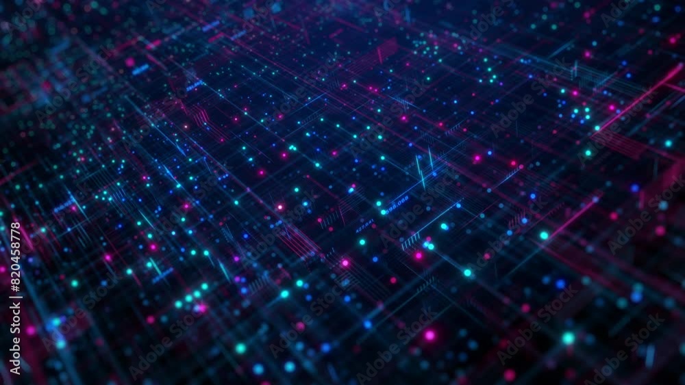 Poster digital grid with glowing data points, abstract digital grid featuring glowing blue and pink data po