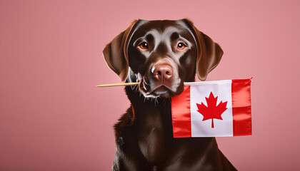 Chocolate brown labrador retriever with little Canadian flag in mouth on puce salmon pink...