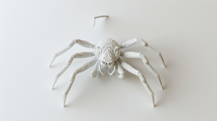 A unique 3D artwork of a white spider poised on a plain white background, highlighting its detailed structure.