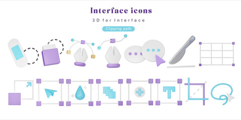 A dynamic set of 3D art design tools and icons for digital interfaces, including paint rollers, soap bottles, and mobile devices, ideal for tech and creative industries.
