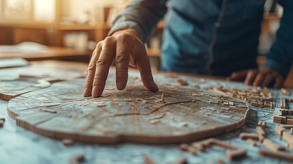 Person interacting with a detailed city model, using it for urban planning, architecture, or educational purposes in a warm, well-lit room.
