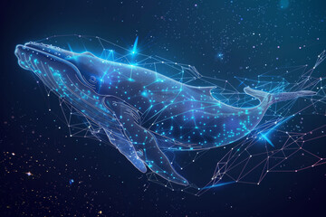 A whale is flying through the sky with stars and galaxies surrounding it