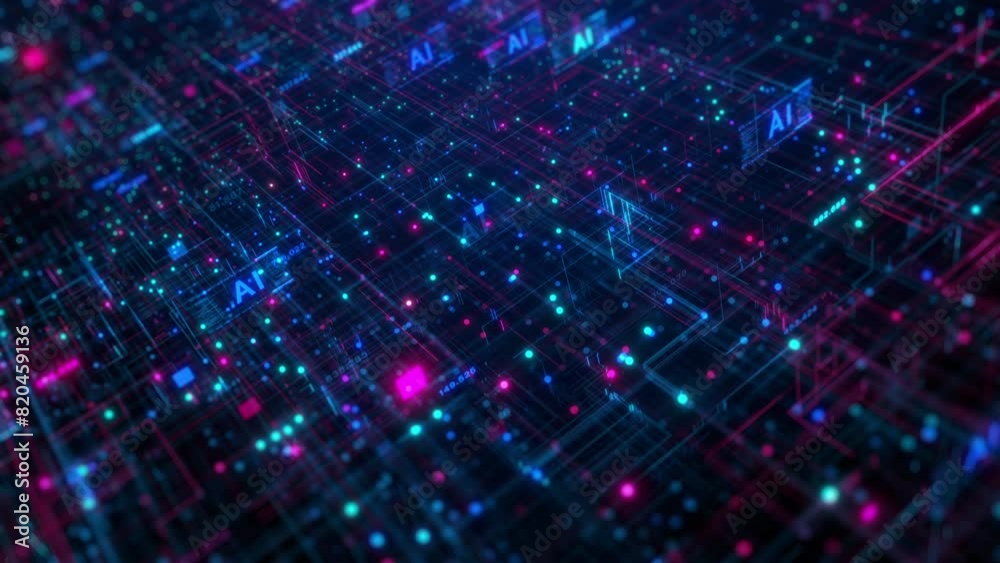 Poster abstract ai digital network visualization, abstract visualization of an ai driven digital network wi